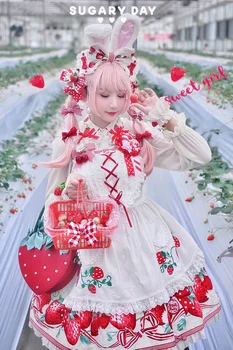 Vasaros Japonijos saldus lolita love braškių siuvinėjimo tarnaitė dirželis prijuostė aukšto juosmens mielas nėrinių bowknot kawaii girl gotikos cos