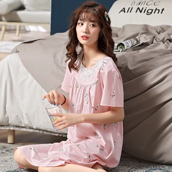 Vasarą Moterys Nightgowns Korėjos Mielas Naktį Suknelė Moterims Medvilnės Sleepwear 2021 Mados Pijamas Spausdinti Rožinė Miega Suknelė