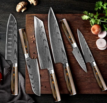 Virtuvės peilis Japonijos Chef Peiliai 7CR17 Nerūdijančio 440C Plieno Imitacija Damasko Peilis Mėsos Cleaver Peilis Santoku Cutter Rinkinys