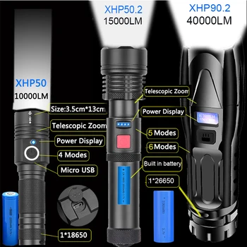 XHP90.2 Labiausiai Galingas LED Žibintuvėlis USB Įkraunamas LED Žibintuvėlis XHP50 XHP70 Vandeniui Žibintuvėlis 26650 18650 Taktinės Pusės Žibintas