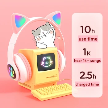 Žėrintis Šviesos Cute Kačių Bluetooth Vaikas Ausinės su Mic Galite Uždaryti LED Merginų Muzikos Bass Šalmas Telefoną, Planšetinį kompiuterį Belaidė laisvų Rankų įranga Dovana