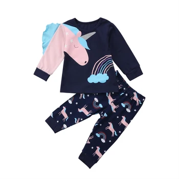 2017 Mielas Nauja Vaikiška Vaikams, Kūdikių Mergaitės Vienaragis Viršuje Kelnės, Komplektai, naktiniai marškiniai, pižamos Homewear Sleepwear Dydis 2-6T