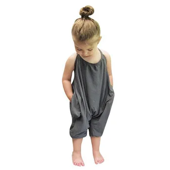 2019 laisvalaikio stiliaus kūdikių mergaičių Spageti Dirželis kombinezonai vasaros sunsuit Drabužių Komplektus mergina Rankovių Jumpsuit su Kišenėmis juoda