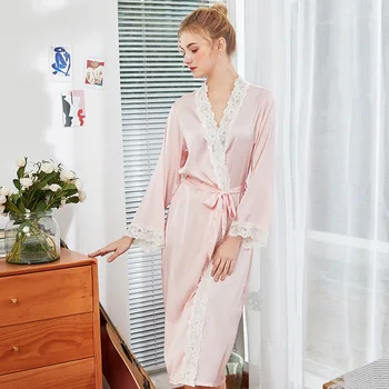 2019 M. Vasarą Satino Rūbeliai Už Nuotakų Vestuvių Nėrinių Skraiste Sleepwear Šilko Pijama Ilgą Pižamą Moterų Bridesmaid, Chalatas Kimono
