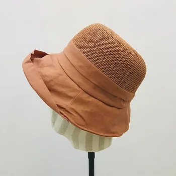 2020 m. Japonijos nėrimo lino susiuvimo šiaudų skrybėlę garbanoti veidrodėliai saulės paplūdimio Kibirą Skrybėlės vasaros baseino skrybėlę mergina floppy skrybėlę