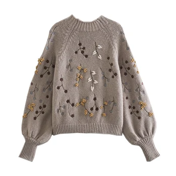 2021 m. rudens ir žiemos naujas moterų megztinis kontrasto susiuvimo zawalcowany siuvinėjimo atsitiktinis retro mados Kalėdų džemperis šalis