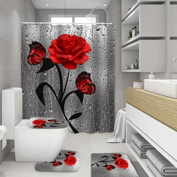 3D Vonios kambarys Nustatyti Vandens Lašas Rožių Drugelis Spausdinti Dušo Užuolaidos Ne Slydimo Pjedestalo Kilimas Tualeto Dangčio Padengti Vonia, kiliminė danga, Grindų Kilimėlis