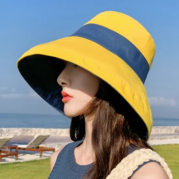 Anti-UV Platus Kraštų Saulės Kepurės Moterims Atostogų Vasarą Panama, Sulankstomas Grįžtamasis Kibiro Kepurę Plačiu Kraštų korėjos Beach Sun Skrybėlę