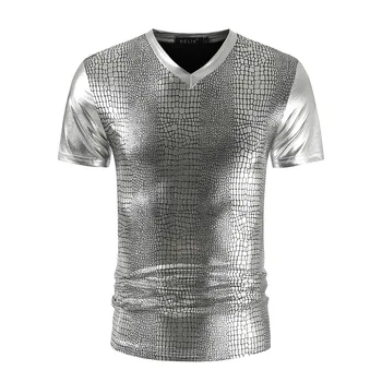 Aukso Metalo Gyvatė Modelis Klubas T-shirt Vyrai 2020 Seksualus Naują trumpomis Rankovėmis V-Kaklo Marškinėliai Homme Šalies Prom Etapas T Shirt Vyrai 3XL
