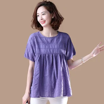 Aukštos Kokybės Medvilnės Marškinėliai Moterims Vasaros Prarasti Atsitiktinis Viršūnes Naujų 2020 M. Korėjos Stiliaus Tuščiaviduriai Iš Siuvinėjimo Moteris, Palaidinės, Marškinėliai P1254