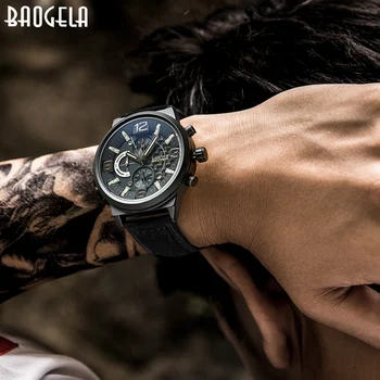 BAOGELA hommes noir sporto Kvarco montres režimas décontracté chronographe analogique affichage montre-apyrankė pour homme lumineux