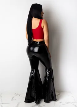 Black PU Dirbtiniais Odos Kelnės Moterims Aukšto Juosmens Flare Kelnės Bell Bottom Ponios Kelnės Streetwear Liesas Šalies Klubas Kelnes Pantalon