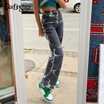Darlingaga Streetwear Derliaus Kaklaraištis Dažų Moteris, Džinsai Aukšto Juosmens Tiesiai Y2K Džinsinio audinio Kelnės Harajuku Baggy Jeans 90s Kelnės Hip-Hop