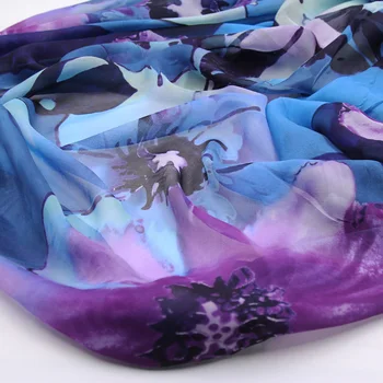 Didelis Mėlynos ir violetinės spalvos gėlių spausdinti, gryno šilko šifono šilko audinio suknelė vien,SCF160