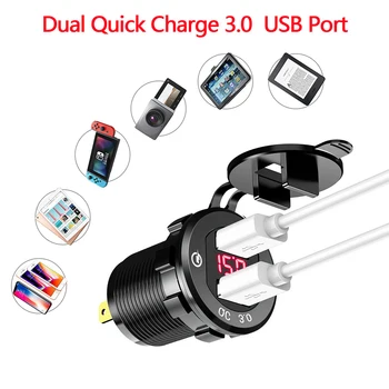 Dvigubas USB Automobilinis Įkroviklis 3.0 Kroviklis Greito Įkrovimo Greitai Telefonų Įkrovimo Adapterio Lizdas Vandeniui Aliuminio Maitinimo Lizdo LED Voltmeter
