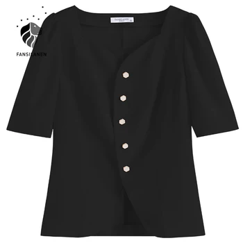 FANSILANEN Derliaus trumpas rankovės šifono palaidinė marškinėliai Moterims vasaros atsitiktinis mygtuką iki marškinėliai Moteriška juoda elegantiška biuro ponios viršūnės