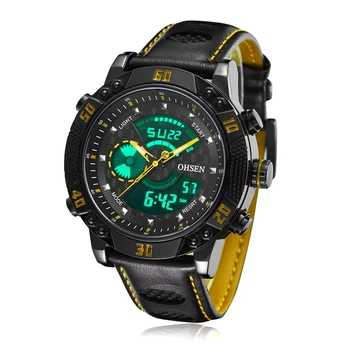 Garsaus Prekės ženklo OHSEN Mados, Vyrai Sporto LCD Skaitmeniniai Laikrodžiai Kvarciniai Laikrodžiai Odos Juosta Geltona Armijos Vandeniui Žiūrėti Laikrodžiai