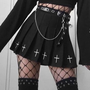 Gotikos New Cross Siuvinėjimo Moterų Mini Sijonas Moterims Aukšto Juosmens Linijos Sijonai Grunge Mergina