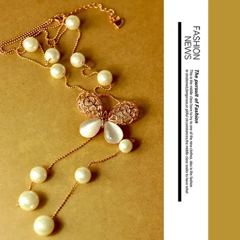 Imituojamas Perlų Vėrinį Su Drugelio Pakabukas Korėjos Bižuterijos, Aukso Granulių Grandinės Ilgio Karoliai Moterų Bijoux Collier Perle