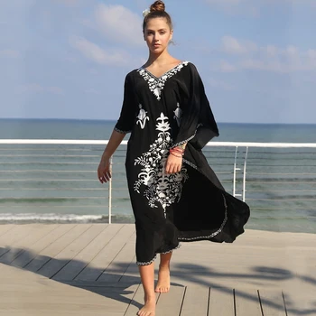 Juodos Medvilnės, Siuvinėta Chalatas, Paplūdimio Cover up Plius dydis Paplūdimio Kaftan Tunika Paplūdimio Pareo Atostogų Kimono Maxi Suknelė Paplūdimio