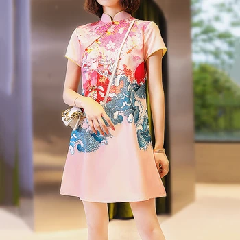Kinų Stiliaus Vasaros Suknelė Moterims Naujos Cheongsam Derliaus Spausdinti Suknelė trumpomis Rankovėmis Rožinė Suknelė Šalis Suknelė Moterims Vestidos SL542