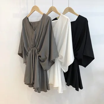LANMREM rudenį nauji marškinėliai moterims šifono pusė rankovės famale drabužiai 2021 V-kaklo batwing rankovės elegantiškas viršūnes didelio dydžio 2A088ML