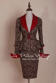 Le Palais Derliaus elegantiškas retro Seksualus Leopard kontrasto spalvų juosmens kailis pieštuku sijonas kostiumai/rinkiniai stora slydimo