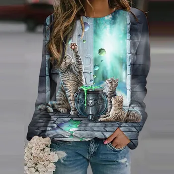 Moterų harajuku Atsitiktinis Katė Spausdinti Palaidinės įvairių stilių Šilumos Long Sleeve T-Shirts Prarasti hoodie plius dydis футболки