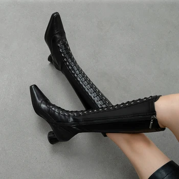 Moterų knee-high batai natūrali oda ilgą vamzdelį, motociklas motociklo batai batai Mažas kvadratas kojų skiny batai Britų stiliaus