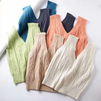 Moterų megztus liemenė megztinis be rankovių megztiniai megztinis liemenė v kaklo ponios rudens žiemos streetwear rankovių megztinis