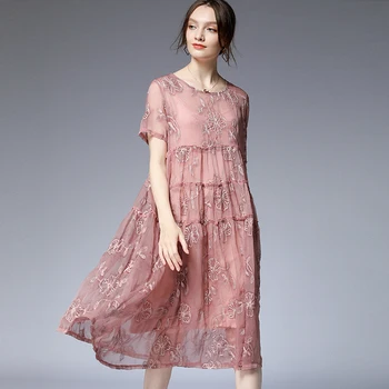 Moterų prarasti kratinys Išsiuvinėti dviejų dalių suknelė trumpomis rankovėmis įgulos kaklo didelis dydis mados Elegantiška suknelė rožinės spalvos, permatomas suknelė