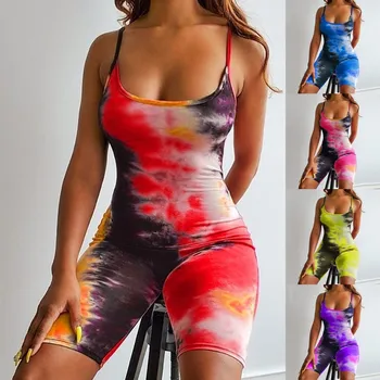 Nauja Vasaros Moterų Namų Kaklaraištis Dažų, Spausdinimo Bodysuit Elegantiškas Diržas Jumpsuit 2020 M Sexy Rankovių Backless Šortai Plonas Chalatas