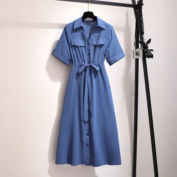 Nauja vasaros plius dydis marškinėliai suknelė moterims didelis trumpomis rankovėmis prarasti mėlyna balta juostele V kaklo ilga suknelė ir diržas 3XL 4XL 5XL 6XL 7XL