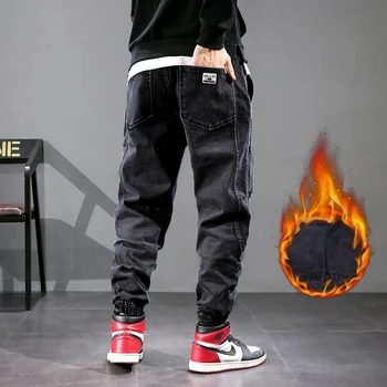 Naujai Mados Žiemą Šiltas Džinsai Vyrams, Palaidi Tinka Spliced Dizaineris Pločio Kojų Haremo Kelnės Cargo Kelnės Streetwear Hip-Hop Poilsiu