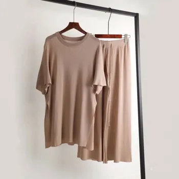 Naujas atvykimo 2020 metų vasaros korėja 2 dalių Rinkinys drabužiai Moterims prabangos Trikotažo Komplektus Viršūnes + Nėrinių elegantiškas Laisvas ilgas Kelnes megzti