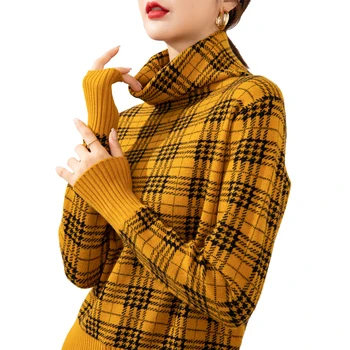 Naujas Elegantiškas Moterų Rudens/Žiemos Krovimas Apykaklės Patikrinti Megztinis Džemperis Large Dydis Laisvi Megztiniai Megztinis Megztinis Marškinėliai Apačioje