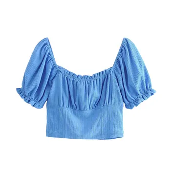 Naujas mados vasaros moterų mėlyna plisuotos single-breasted V-kaklo, juosmens sluoksniuotos rankovėmis susiėmę ruožas trumpos palaidinukės apkarpyti viršūnes