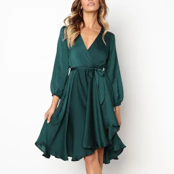 Pavasario vasaros suknelė moterų plius dydis 2019 V-kaklo, seksualus ilgomis rankovėmis nėriniai-up elegantiškas žalia suknelė midi atsitiktinis vakaras