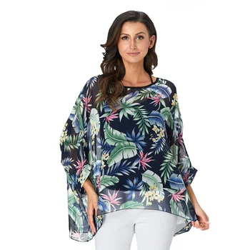 Plus Size Šifono Palaidinė Marškinėliai Topai Atsitiktinis Moterims Gėlių Spausdinti Negabaritinių Vasaros Paplūdimio Palaidinės Prarasti Pusę Batwing Rankovės blusas