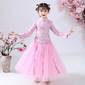 Princesė Merginos Gazas Tiulio Suknelės Hanfu Tango Drabužiai Vaikams Kinų Stiliaus Senovės Elegantiškas Ilgas Apdaras Tinka Rudens-Žiemos Dress