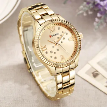 Relogio feminino Prabangos Prekės ženklo Moterų Laikrodžiai Curren Aukso Nerūdijančio Plieno Kristalų Papuošalai Ponios Kvarco Žiūrėti Suknelė Moterų Laikrodis