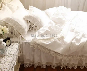 Snow white patalynės komplektas Prabangių tuščiaviduriai iš nėrinių antklode padengti lova sijonas lapas Kietas užvalkalas pynimas lovatiesė parure de šviečia