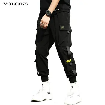 Streetwear Hip-Hop Juodos Haremo Kelnės Vyrams Elastinga Juosmens Punk Kelnės Su Kaspinais Atsitiktinis Slim Jogger Kelnės Vyrams Hip-Hop Kelnės