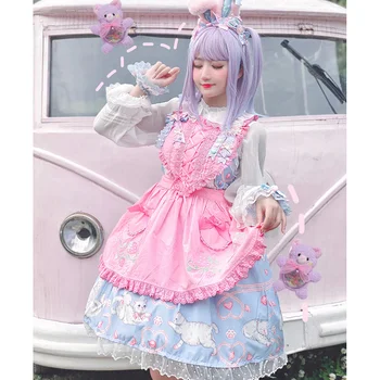 Vasaros Japonijos saldus lolita love braškių siuvinėjimo tarnaitė dirželis prijuostė aukšto juosmens mielas nėrinių bowknot kawaii girl gotikos cos
