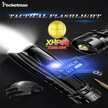 XHP90.2 Labiausiai Galingas LED Žibintuvėlis USB Įkraunamas LED Žibintuvėlis XHP50 XHP70 Vandeniui Žibintuvėlis 26650 18650 Taktinės Pusės Žibintas