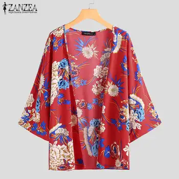 ZANZEA 2019 Atsitiktinis Spausdinti Megztinis Kimono Moterų Vasaros Palaidinė Kaftan Gėlių Marškinėliai Moteriška Atsitiktinis Pusė Rankovės nuo Saulės Tunika
