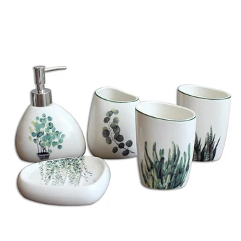 Šiaurės šalių žaliųjų augalų keramikos šešių dalių vonios kambarys produktų Paprastą penkių gabalas vestuvių vonios rinkinys Vonios kambario keramikos nustatytas melamino dėklas