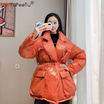 Žiemos Moteris Oranžinė Striukė Negabaritinių Prarasti korėjos Stiliaus Plius Dydis Tinka Paltas su Diržu, Kišenėmis Saldus Mergaičių Outwear