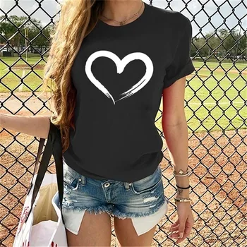 2020 Harajuku Marškinėliai Moteris Tees Meilė Širdies Spausdinti Femme T-shirts Vasaros Trumpas Rankovės O Kaklo Laisvus Marškinėlius Viršūnes Camisetas Mujer