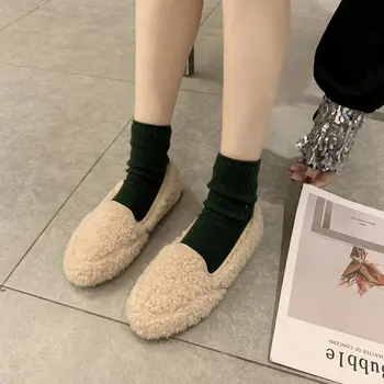 2020 m. moteris saldainiai spalvų vilnoniai kailiniai mokasīni kratinys medvilnė paminkštinimas žiemos batai moteris furry šliaužtinukai Mados plokšti batai